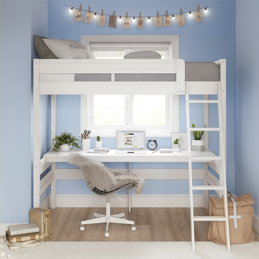 Space-Saving Twin Loft Bed with L-Shaped Desk & Storage